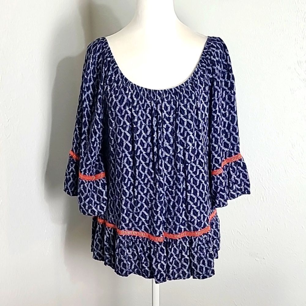 Democracy Blue & White Print Peasant Top with Orange Trim, Size 1X